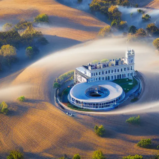 Prompt: an aerial photograph of a building shaped like a music note. the building is on top of a misty hill, smooth, photorealistic, global illumination, radiant light, intricate and detailed environment