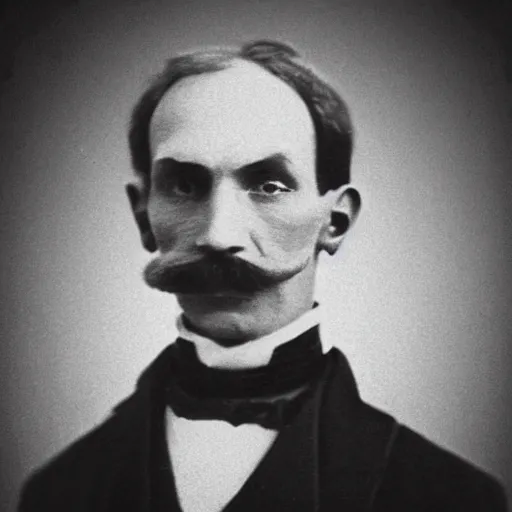 Image similar to A photograph portrait of Jerma985 with a pyramidal mustache in the early 1800s, taken in the early 1800s, 1840s, grainy, taken on a Field View Camera, realistic, hyperrealistic, very realistic, highly detailed, very detailed, extremely detailed, detailed, digital art, trending on artstation