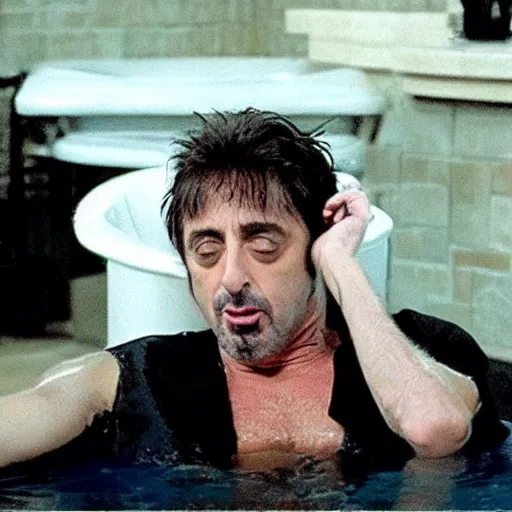 Image similar to al pacino scarface hot tub scene, except he wears cat ears and plays valorant on a laptop