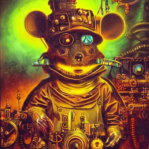 Image similar to steampunk rat, acid, 303, psychedelic, by paul lehr