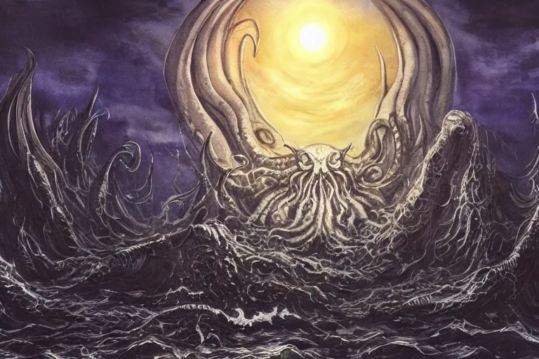 Image similar to man is seeing old god eldritch horror cthulhu terrifying the night sky of a modern city with tall buildings, he is coming from the ocean, epic scene, hyper detailed, gigantic cthulhu wallpaper, dark art, messy watercolor paint