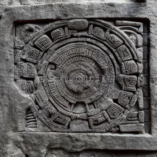 Prompt: broken section of a stargate inscribed with Mayan gods. Ancient alien artifact by Pacal Votan. 4K high quality museum collection photograph