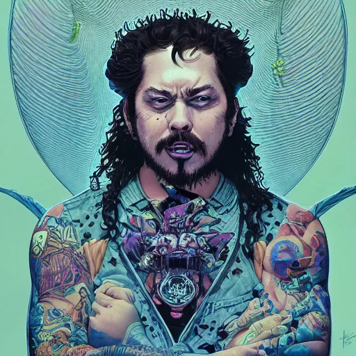 Prompt: portrait closeup of crazy post malone, symmetrical, by yoichi hatakenaka, masamune shirow, josan gonzales and dan mumford, ayami kojima, takato yamamoto, barclay shaw, karol bak, yukito kishiro