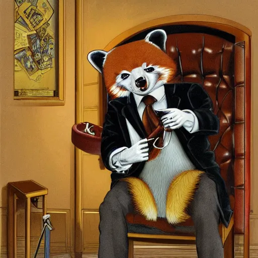 Image similar to Portrait of an anthropomorphic Red Panda crime boss smoking a cigar in a police cell. Very high quality. Drawn by James Christensen