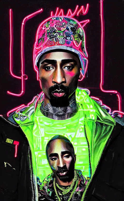 Image similar to detailed Tupac Shakur portrait Neon Operator, cyberpunk futuristic neon, reflective puffy coat, decorated with traditional Japanese ornaments by Ismail inceoglu dragan bibin hans thoma !dream detailed portrait Neon Operator Girl, cyberpunk futuristic neon, reflective puffy coat, decorated with traditional Japanese ornaments by Ismail inceoglu dragan bibin hans thoma greg rutkowski Alexandros Pyromallis Nekro Rene Maritte Illustrated, Perfect face, fine details, realistic shaded, fine-face, pretty face