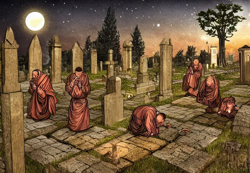 Prompt: monk possums at a medieval cemetery at night, highly detailed, digital art, isometric