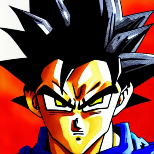Image similar to Goku Portrait, ultra wide angle, by Yoji Shinkawa and Richard Schmid cinematic dramatic, watercolor effect, highly detailed, Trend on artstation, Digital 2D