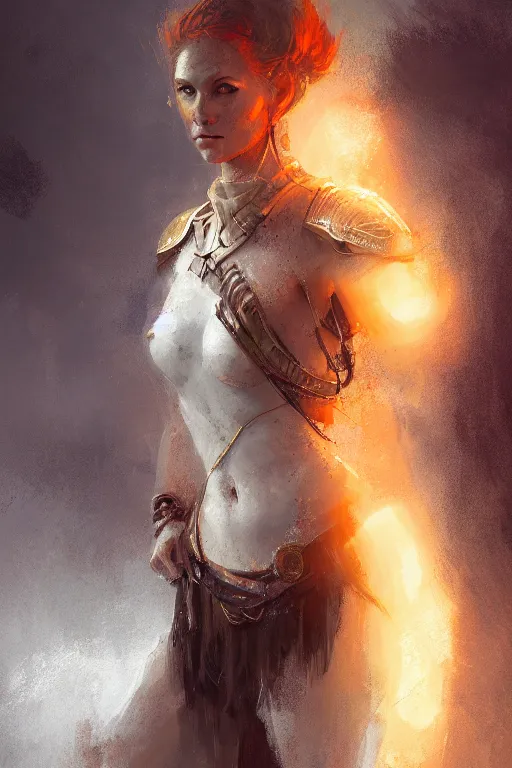 Image similar to full - body portrait of a ranger, female, white and orange breastplate, magical, high fantasy, d & d, by jeremy mann, face details, extremely detailed, digital illustration