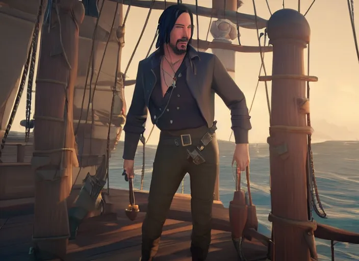 Image similar to Keanu reeves in the role of pirate in the Sea of Thieves, on the ship in the sea, At the helm, game screenshot, octave render, epic light