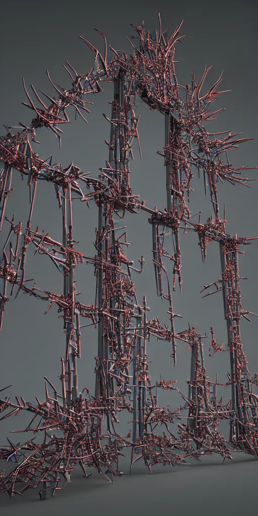 Image similar to 3 d photographic render of a deconstructed torii gate mundelbulb sculpture, chrometype, made of liquid metal, katamari neotribal with thorns and thunders, cyberpunk japanese temple, raytraced, hyper realistic, volumetric lightning, 8 k, by zhelong xu, ouchh and and innate studio