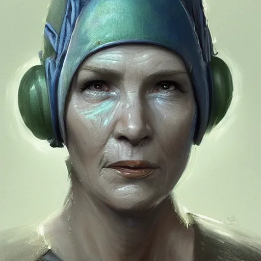 Image similar to portrait of a woman by greg rutkowski, female twi'lek, green skin, wool cap, star wars expanded universe, she is about 6 0 years old, wearing uniform of the galactic alliance navy, highly detailed portrait, digital painting, artstation, concept art, smooth, sharp foccus ilustration, artstation hq