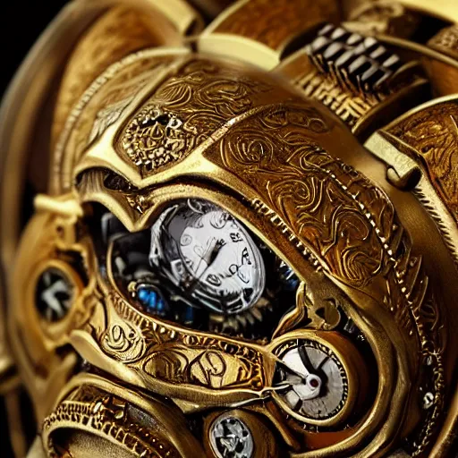 Image similar to A steampunk roaring tiger head made from ornate engraved full plate armor and watch gears and several jewels, macro shot by Justin Gerard, unreal engine, detailed, intricate, physically based rendering