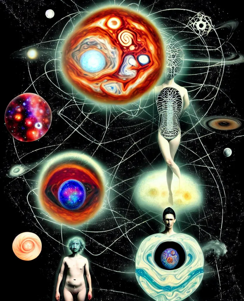 Image similar to inside the universe of a human body soul, whimsical uncanny creature alchemizes unique canto about'as above so below'being ignited by the spirit of haeckel and robert fludd, breakthrough is iminent, glory be to the magic within, to honor jupiter, surreal collage by ronny khalil