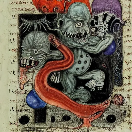 Image similar to uncanny monsters of the imagination in a surreal alchemical manuscript