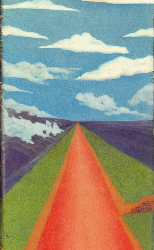 Image similar to paperback book cover. 1 9 5 0 s. pure colors, melting clouds, accurately drawn details, a sunburst above a receding road with the light reflected in furrows and ruts, after rain.