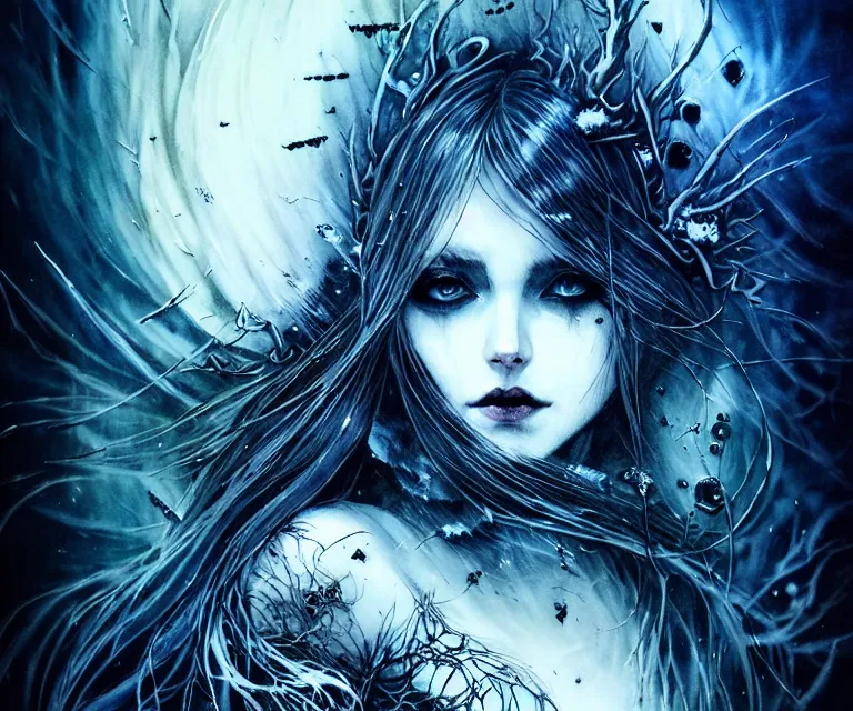 Image similar to stunning otherworldly gothic goddess of ice, dark and mysterious, atmospheric, ominous, eerie, cinematic, epic, 8 k, 4 k, ultra detail, ultra realistic, rendered by awesomeness. nights falling wind is blowwing snow is pilling concept art in style of carne griffiths artwork by xsullo