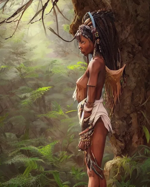 Image similar to an African tribeswoman standing in the woods. By Makoto Shinkai, Stanley Artgerm Lau, WLOP, Rossdraws, James Jean, Andrei Riabovitchev, Marc Simonetti, krenz cushart, Sakimichan, D&D trending on ArtStation, digital art.