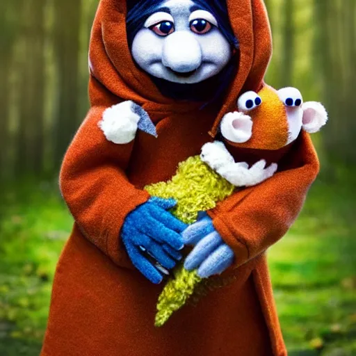 Prompt: a chibi foxfolk muppet druid wizard wearing a hooded cloak holding a small muppet animal with a small herd of random muppet animals following behind, sesame street, photograph, photography, ultrarealistic, national geographic