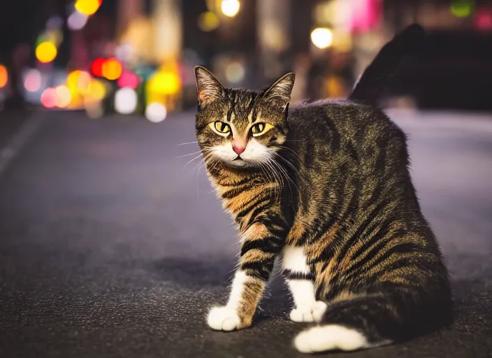 Image similar to photography of a Cat being carried in a backpack . in a new york street. award winning photo, led lighting, night, 130mm, sharp, high res