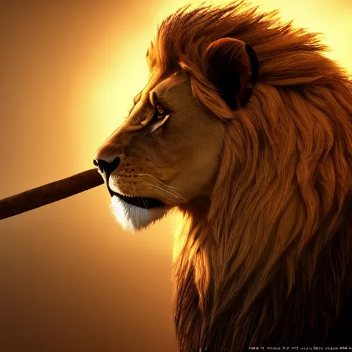 Image similar to a lion smoking a cigar, dramatic lighting, cinematic, establishing shot, extremely high detail, foto realistic, cinematic lighting, post processed, concept art, high details, cinematic, 8k resolution, beautiful detailed, photorealistic, digital painting, artstation, concept art, smooth, sharp focus, artstation trending, octane render, unreal engine