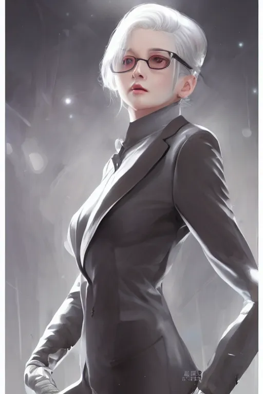 Prompt: a portrait of a scientist android girl with silver hair wearing grey suit by artgerm and wlop and krenz cushart, painterly