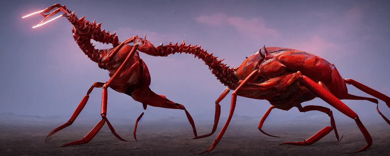 Prompt: creature design, a gazelle with red crustacean carapace, fiddler crab claws, palp eyes, cryptid, cinematic lighting, octane render, cinematic aura lighting, atmospheric, photorealistic, hyperdetailed 3 d matte painting, hyperrealism, hyperrealistic