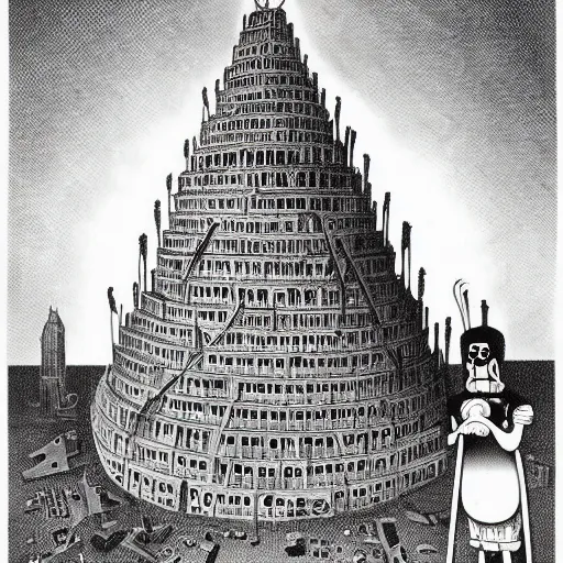 Prompt: the tower of babel, dark cartoon scene by charles addams