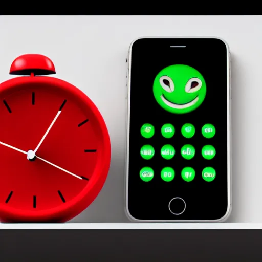 Image similar to Very tiny red alarm clock that looks like the iOS emoji and has the same colors, 3D clay render, 4k UHD, white background, isometric top down left view, diffuse lighting, zoomed out very far