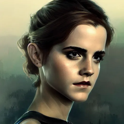 Image similar to emma watson dressed as a bladerunner, sci fi, intricate, elegant, highly detailed, digital painting, artstation, concept art, matte, sharp focus, illustration, art by greg rutkowski and alphonse mucha