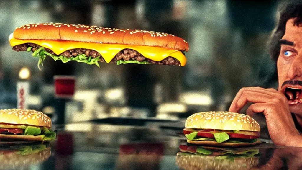 Prompt: the strange creature eats a cheeseburger at the fast food place, film still from the professional commercial directed by denis villeneuve and david cronenberg with art direction by salvador dali and zdzisław beksinski, wide lens