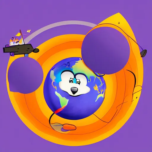 Image similar to cartoon animated illustration of a bear mascot being launched from a futuristic marble planet, purple and orange cloudland