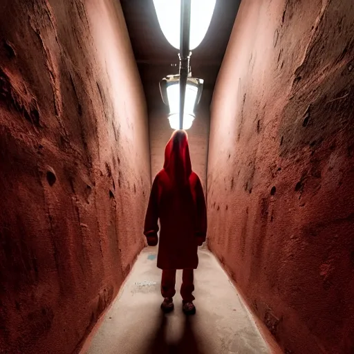 Image similar to A dark hallway made of red sandstone lit up by primitive torches. Red hooded figures stand next to the torches. With there faces hidden by shadow.