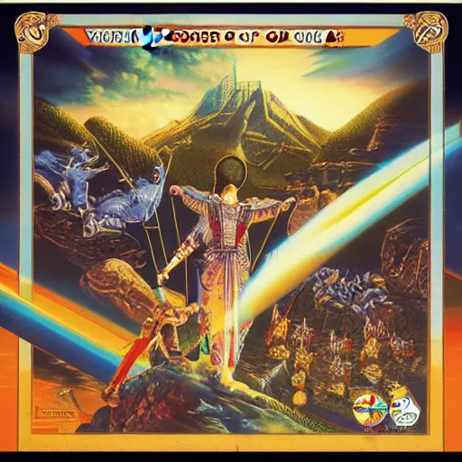 Prompt: video game box art of a commodore 6 4 game called of gods and men, 4 k, highly detailed cover art.