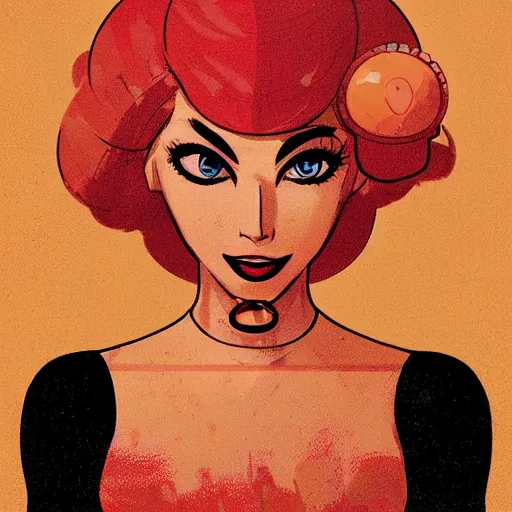 Prompt: portrait of princess peach as black widow, limited neutral palette, beautiful graphics, full body portrait, propaganda poster art, 1 9 7 0 s illustrated advertising art by petros afshar, anton fadeev, dean ellis, painterly character design