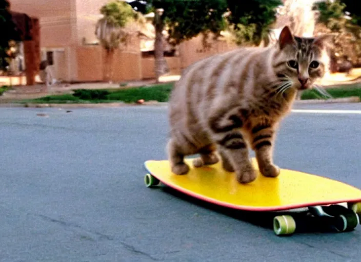 Prompt: film still of a a cat covered in spaghetti riding a skateboard in compton ca, 8 k