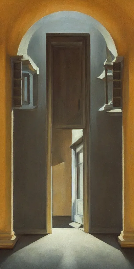 Prompt: entrance to ethereal realm, cinematic and highly detailed oil painting by josep tapiro baro and edward hopper, trending on artstation, oil painting masterpiece, symmetry, mysterious, very very very aesthetic