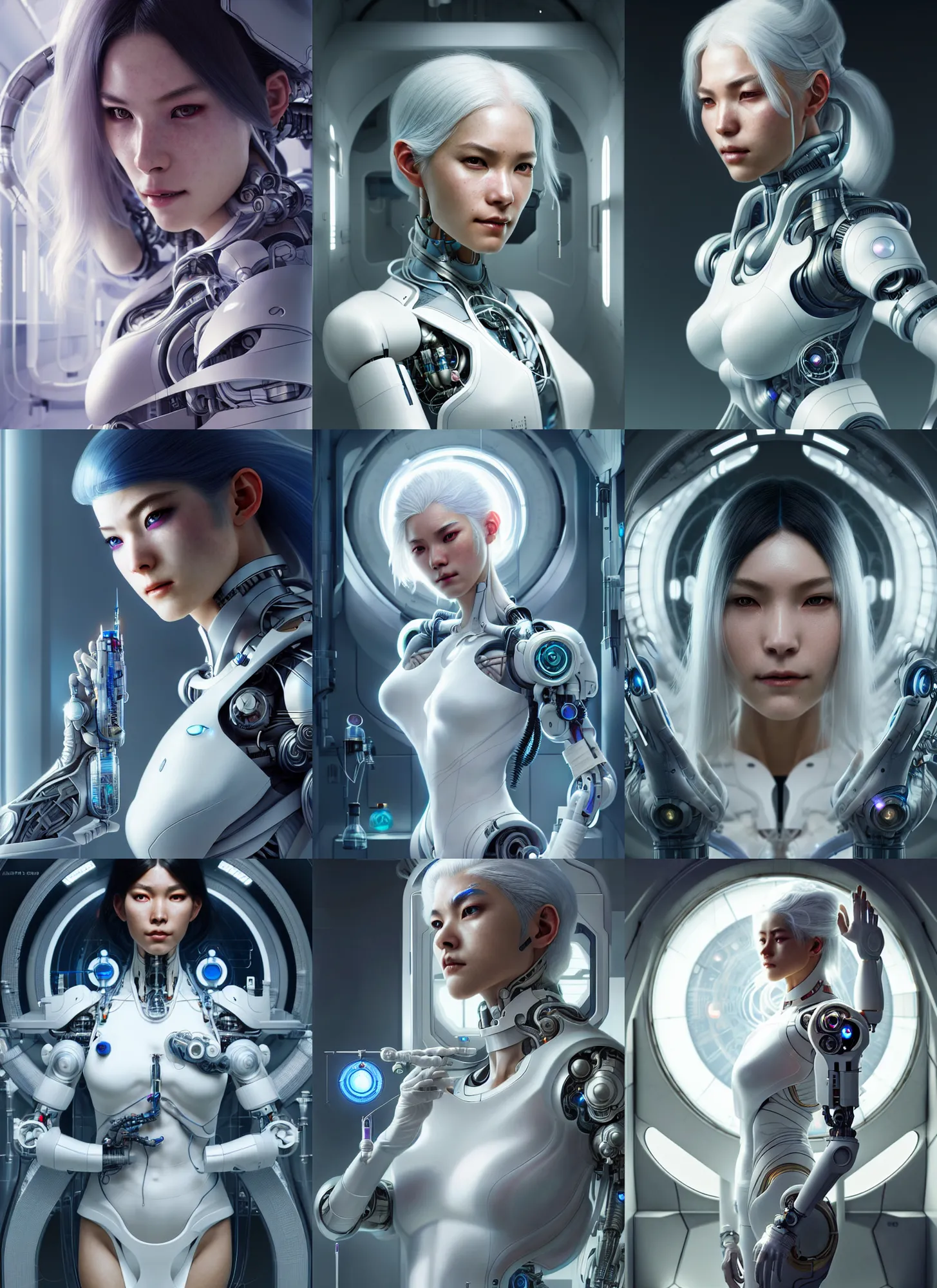 Prompt: ultra realistic, medium - shot, beautiful female cyborg, asian, white hair, in a futuristic medical lab, sci - fi, intricate details, eerie, highly detailed, octane render, 8 k, art by artgerm and alphonse mucha and greg rutkowski