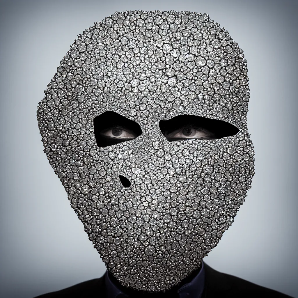 Image similar to an album cover photo portrait of a man with a diamonds mask on his head, behance contest winner, award winning, masterpiece, pop surrealism, made of diamonds, surrealist, 80mm close up (CU) f/1.8-3
