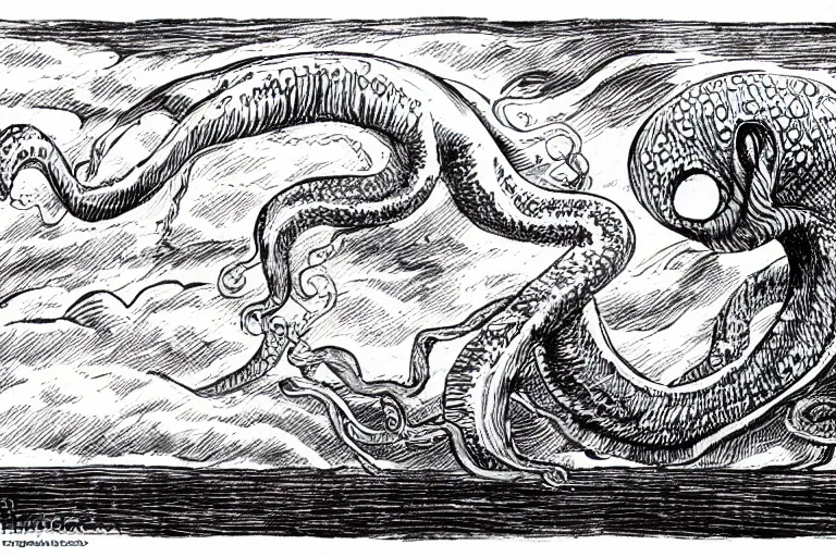Prompt: a giant octopus monster descending from the clouds.