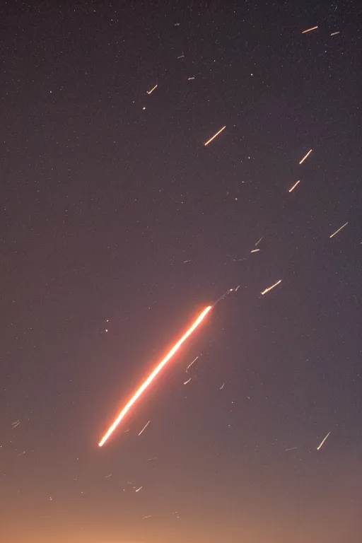 Prompt: Rocket about to impact into a meteor during the night, Photography, 8k, 200mm lens, f/2.5