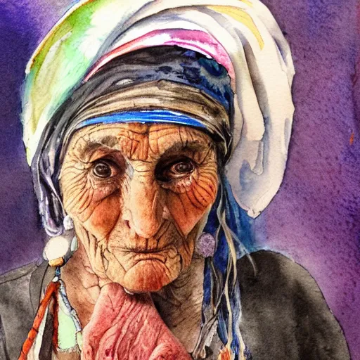 Prompt: Portrait of an old gypsy crone. Fortune teller. Watercolor