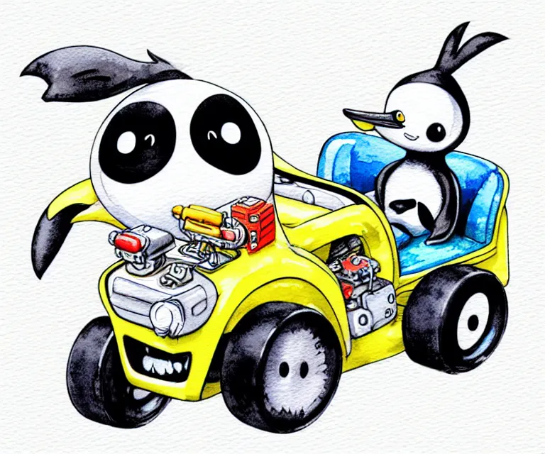 Prompt: cute and funny, penguin riding in a tiny gokart with an oversized engine, ratfink style by ed roth, centered award winning watercolor pen illustration, isometric illustration by chihiro iwasaki, edited by range murata, tiny details by artgerm and watercolor girl, symmetrically isometrically centered, sharply focused