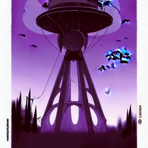 Prompt: abigail larson, don bluth, artgerm, purple color pallete, welcome to night vale, radio tower with black hole above it, helicopter, spooky strange weird quirky, cartoon, 2 d, chiral lighting