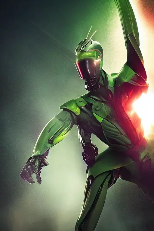 Image similar to mantis-man, character poster, dramatic lighting, atmospheric dust, green lens flare