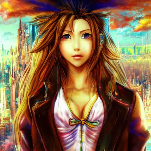 Image similar to dreamy colorful portrait drawing of aerith gainsborough from from final fantasy 7 with the steam punk city midgard as backdrop, by master artist yoshitaka amano trending on artstation