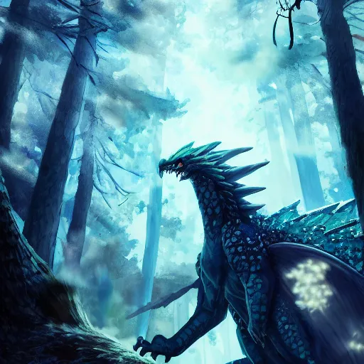 Image similar to cute anime dragon in cold forest, dnd character, background focus, fantasy, lizard legs, magic, realistic textured skin, big lizard head, eagle feather, eagle wings, glowing eyes, clear clean, byartgem, boris valejo, alexandra fomina artstation, by makoto shinkai, digital painting, beautiful