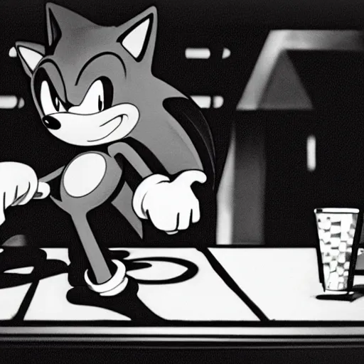 Prompt: photogram of sonic the hedgehog sitting at a bar, movie still