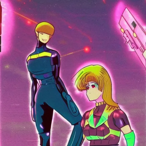 Prompt: 80s anime, dark neon city. laser gun battle on open space. futuristic cars lay in flames, destroyed robot dogs remains, beautiful girl in spandex suit holding large futuristic plasma rifle