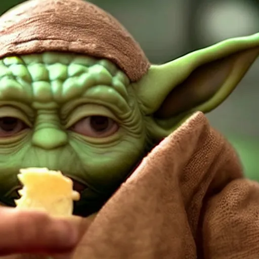 Image similar to A still of Yoda eating arepas, 4k, photograph, ultra realistic, highly detailed, professional lighting