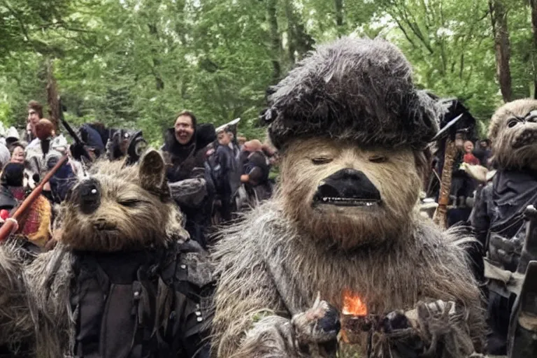 Prompt: ewoks rioting in front of a large stone government building!!!, flaming torches and pitchforks news report film